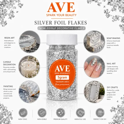 Silver Leaf Foil Flakes 5gm - Metallic Craft Foil for Resin Art, Alcohol Ink & DIY Projects | AVE Spark Your Beauty - Image 4